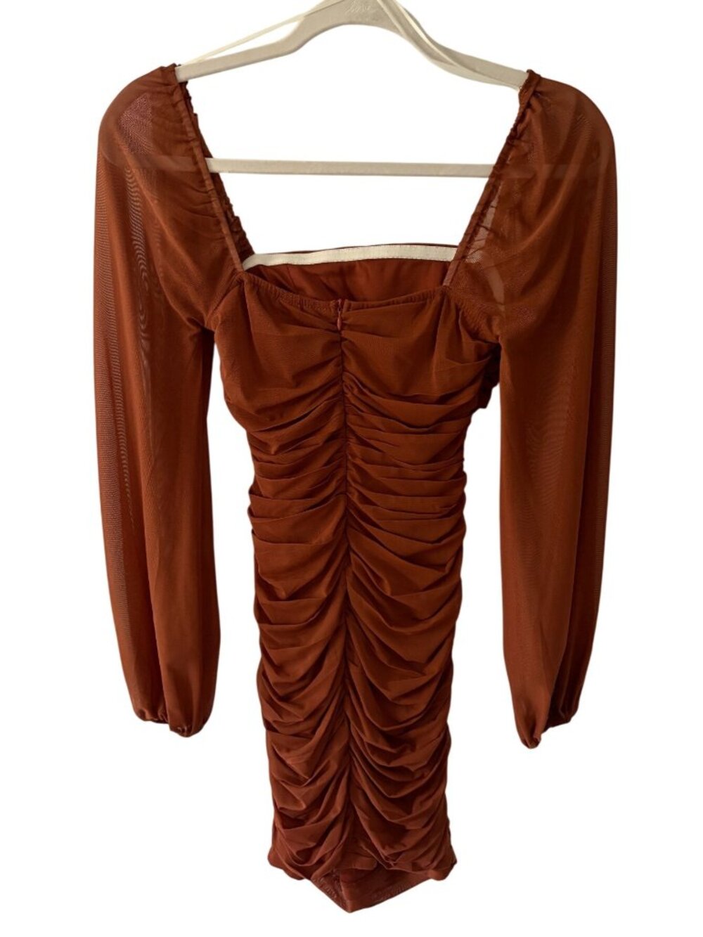 Hello Molly Brown Long-Sleeve Ruched Mini Dress Sheer Sleeves XS Cutout